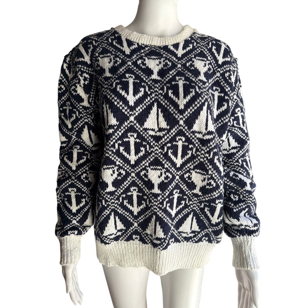 Vintage Lands End Anchor Sailboat Sweater USA Knit 100% Cotton Men's M